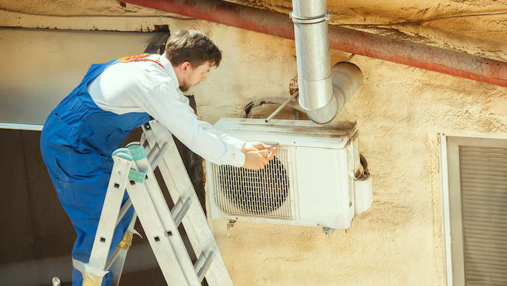 hvac technician working capacitor part condensing unit male worker repairman uniform repairing adjusting conditioning system diagnosing looking technical issues_155003 18260_edited